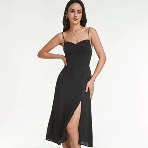 The Commense Navy Blue Sweetheart Mesh Overlay Contour Slit Strap Dress